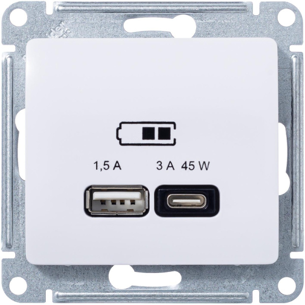 Розетка 1гн USB A + тип-C 45W Белый высокоскоростная зарядка ATN000129 (8/48)