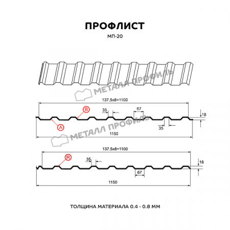Профнастил  МП-20 1,15*6,0м (ПЭ-01-5005-0,45) синий купить в каталоге интернет магазина СМИТ с доставкой по Улан-Удэ