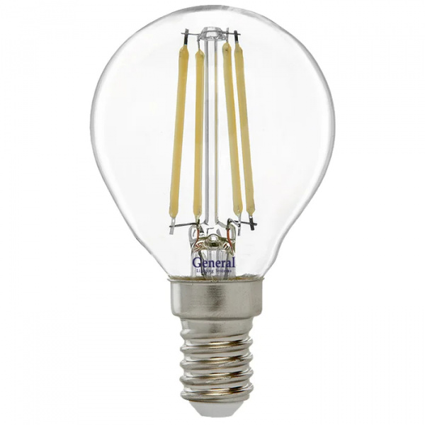 Лампа светодиодная шар P45 E14 10Вт теплый свет филамент (нитевидная) прозр. General LOFT