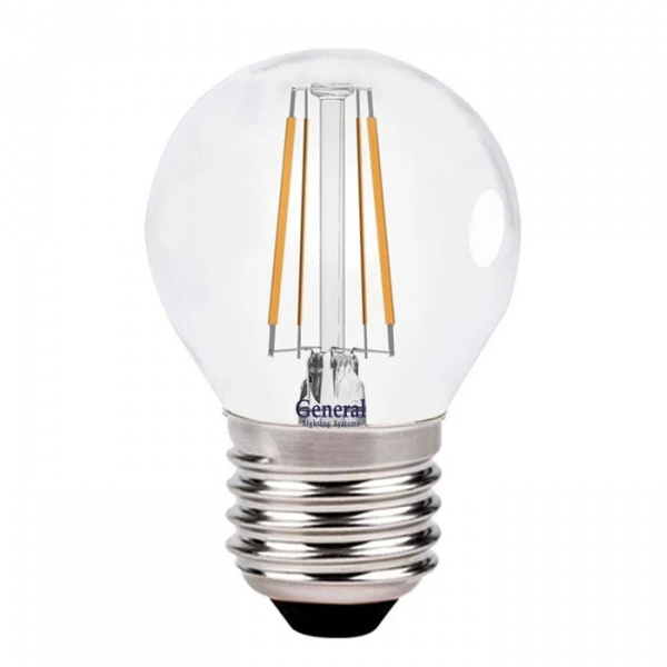 Лампа светодиодная шар P45 E27 15Вт теплый свет филамент (нитевидная) прозр. General LOFT