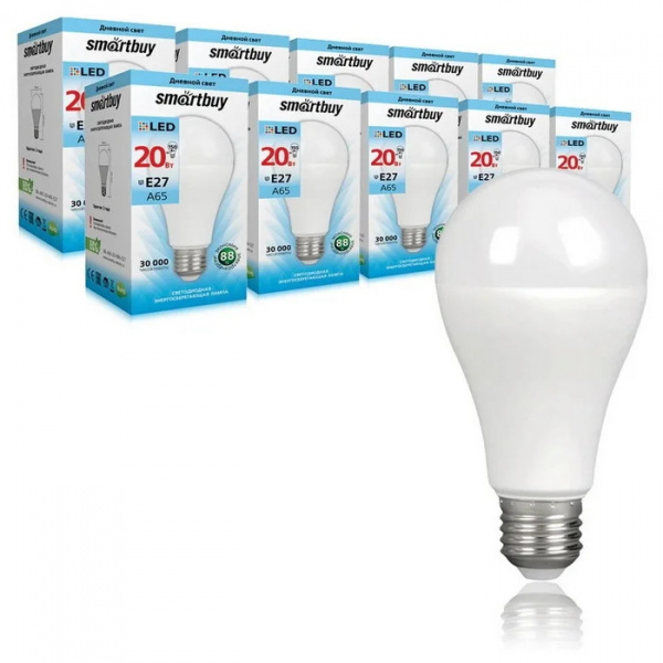 Лампа светодиодная шар A65 20Вт Е27 дневной свет Smartbuy 6,4К