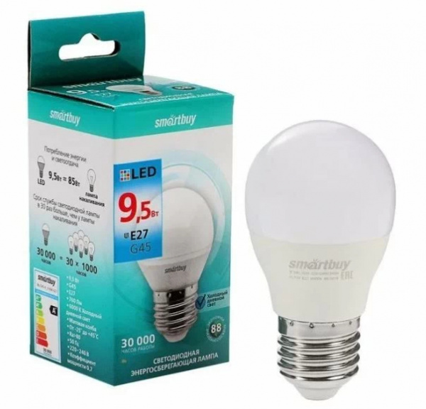 Лампа светодиодная шар G45 9.5Вт Е27 дневной свет Smartbuy 6,4К