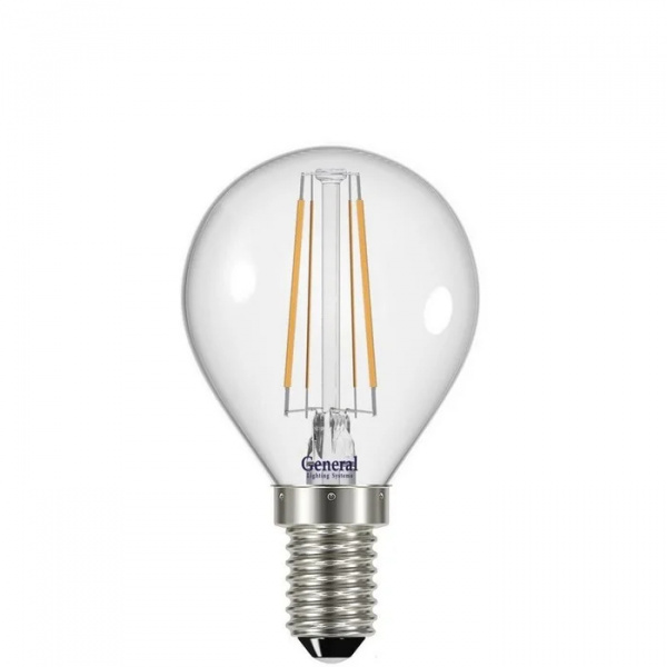 Лампа светодиодная шар P45 E14 15Вт теплый свет филамент (нитевидная) прозр. General LOFT